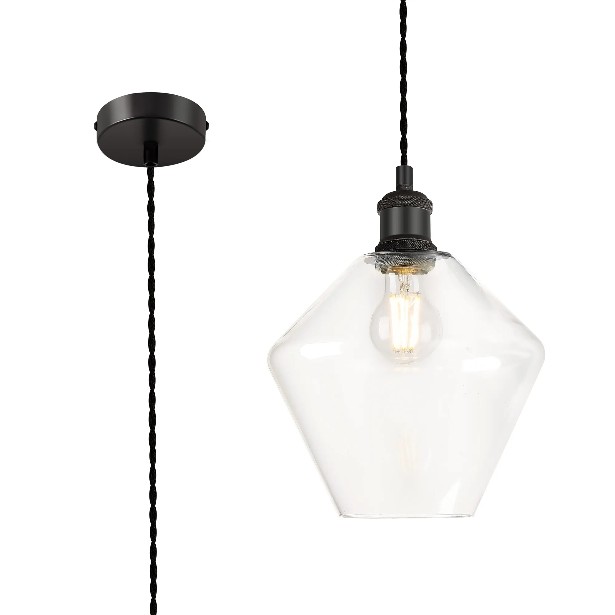 DK1139  Cawdor Single Pendant, 1 Light E27, Matt Black/Black/Amber Diamond Glass